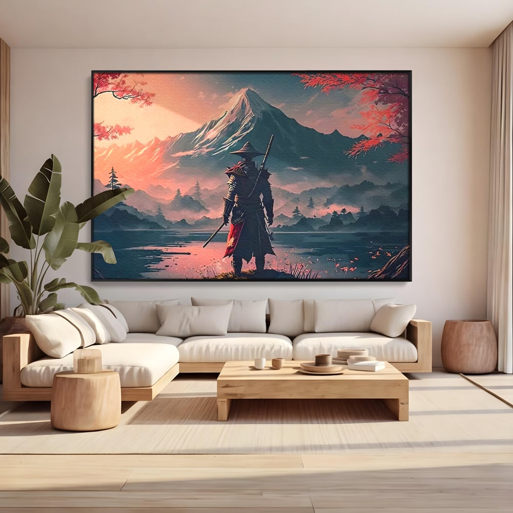 Tablou canvas cu samurai cu sabie pe malul lacului, in rama de aluminiu negru, pe perete intr-un living
